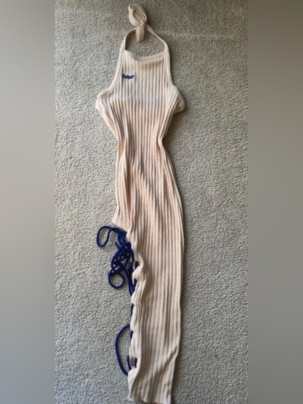 Sleeveless Ribbed Halter Maxi Dress in Cream with Navy Lace-Up Detail y2k